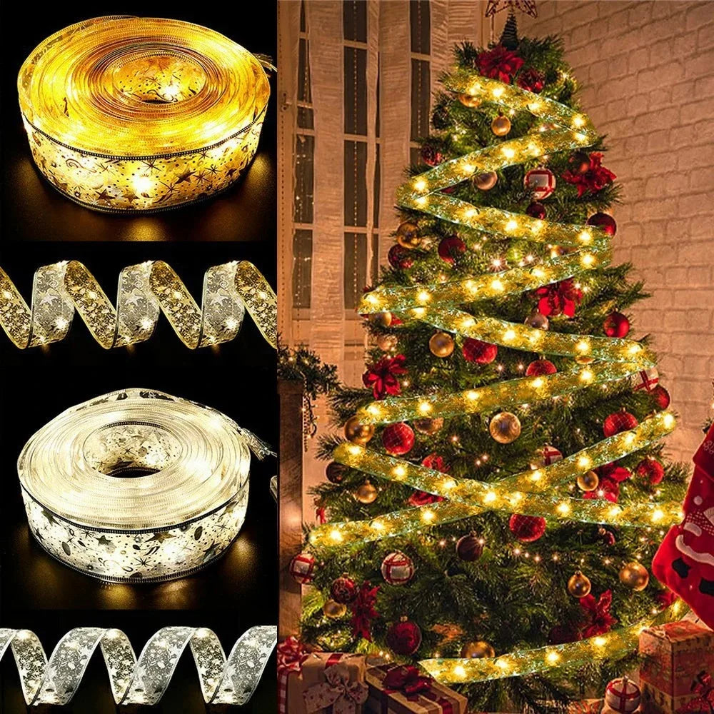 Cinta navideña de luz de hadas, decoración navideña para el hogar 2025, lazos DIY, adornos de árbol de luz, decoración navideña, Año Nuevo 2026