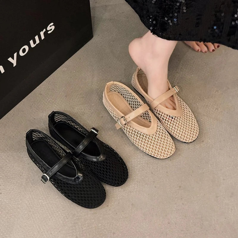 Zapatos planos de Ballet de rejilla para mujer, diseño elegante de marca, Zapatos Mary Jane de encaje calados, sandalias de verano para mujer, Zapatos de malla transpirable