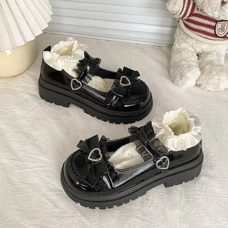 Primavera 2025 Nudo de mariposa encaje dulce lindo Lolita tacón grueso Mary Jane zapatos individuales mujeres PU cuero punta redonda tacón medio