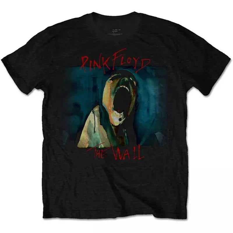 Camiseta holgada de Floyd Rock rosa para hombre, estilo americano Vintage, cuello redondo, manga corta, manga de pétalo de algodón, camiseta de banda decorada