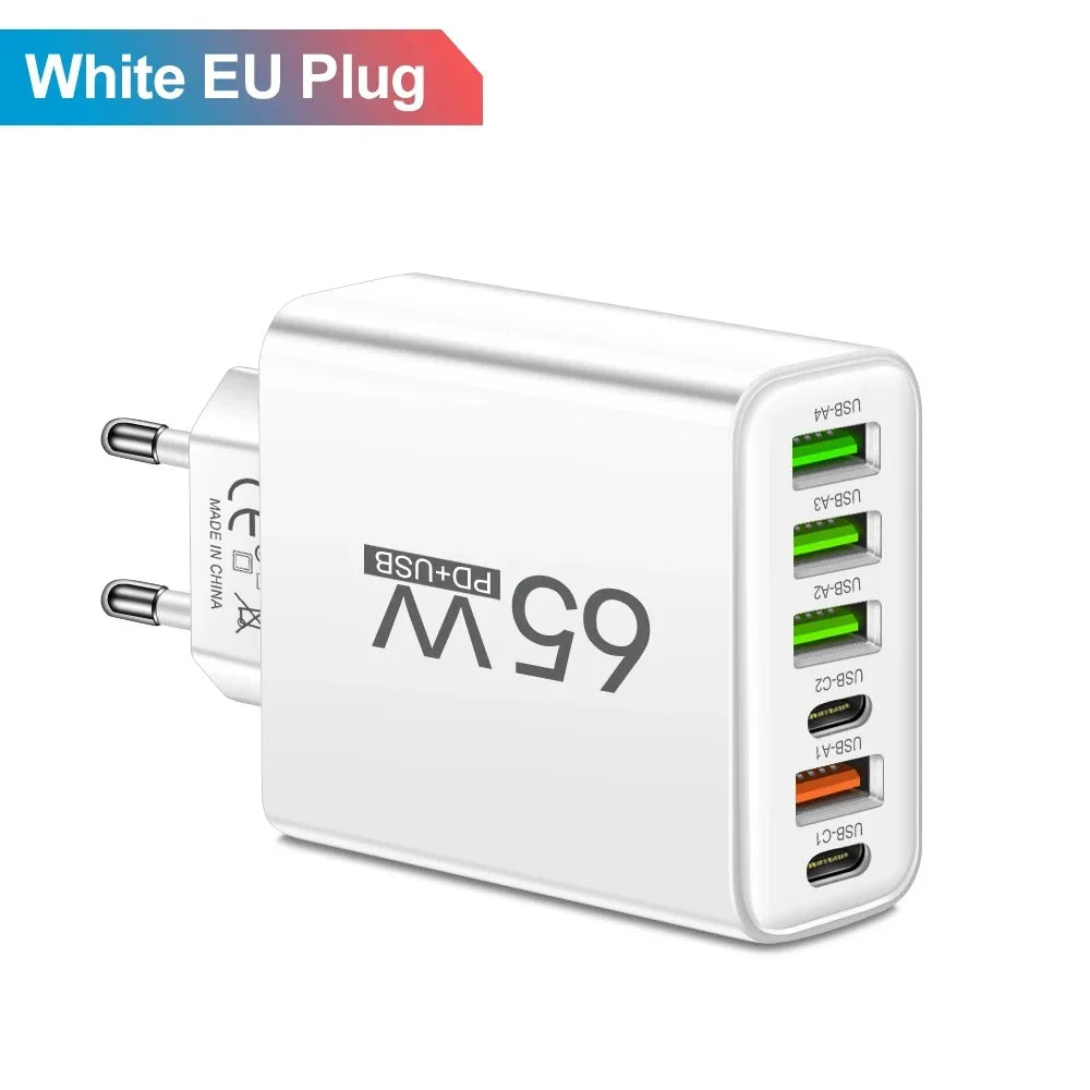 Cargador USB multipuerto de 65W, adaptador de cargador de teléfono tipo C de carga rápida para iPhone, Samsung, Xiaomi, Huawei, cargador de pared con enchufe UE/EE. UU.
