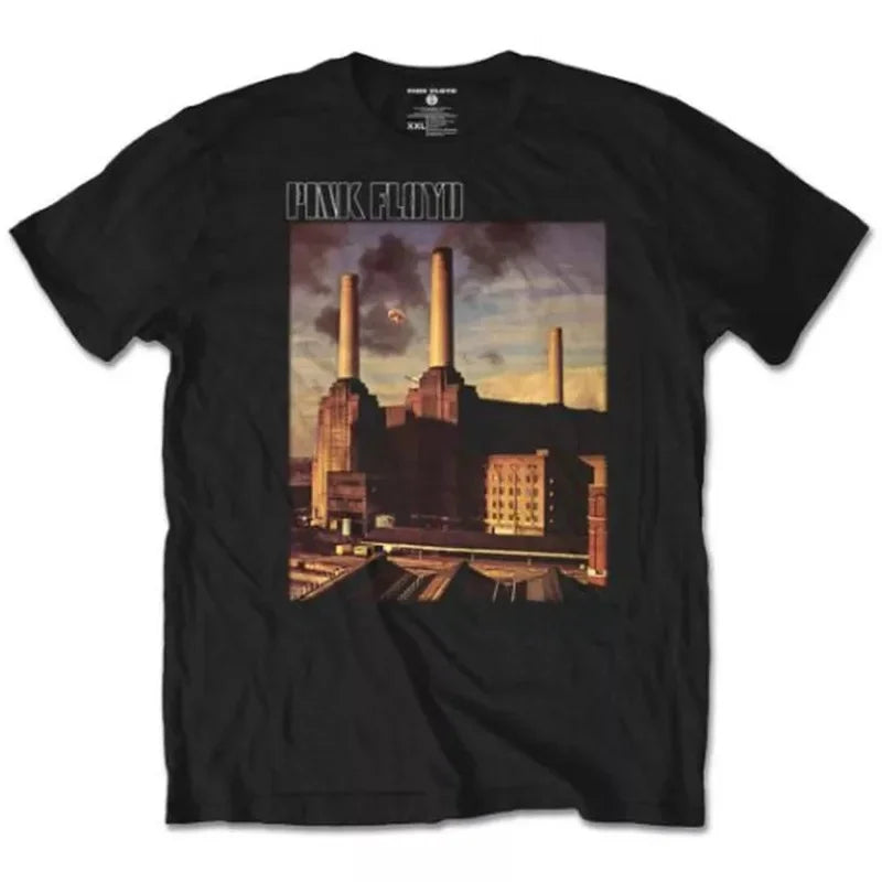 Camiseta holgada de Floyd Rock rosa para hombre, estilo americano Vintage, cuello redondo, manga corta, manga de pétalo de algodón, camiseta de banda decorada
