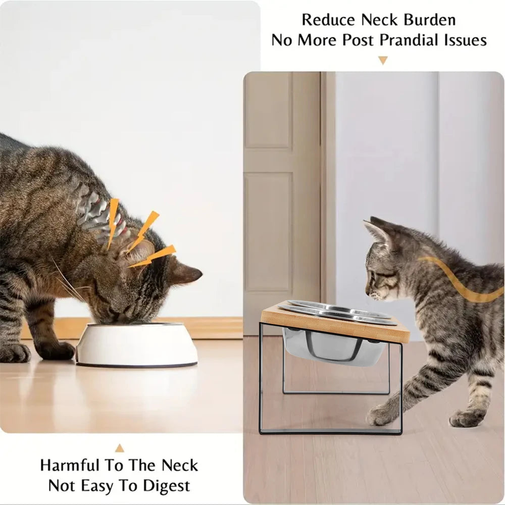 Cuencos elevados para gatos 15 °   Cuencos de comida para gatos elevados inclinados con soporte de madera, 2 cuencos de acero inoxidable antivómitos para gatos y cachorros