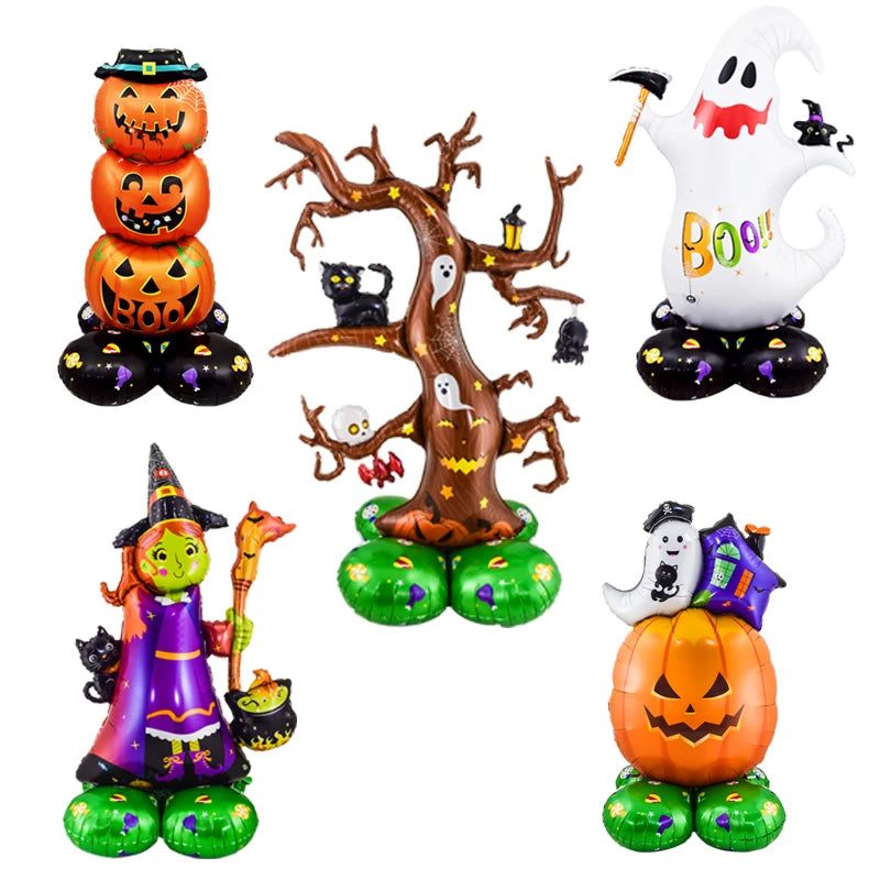 Juego de globos de papel de aluminio con soporte gigante, globo de calabaza, fantasma, bruja, árbol fantasma, decoraciones para fiesta de Halloween, 1 Juego