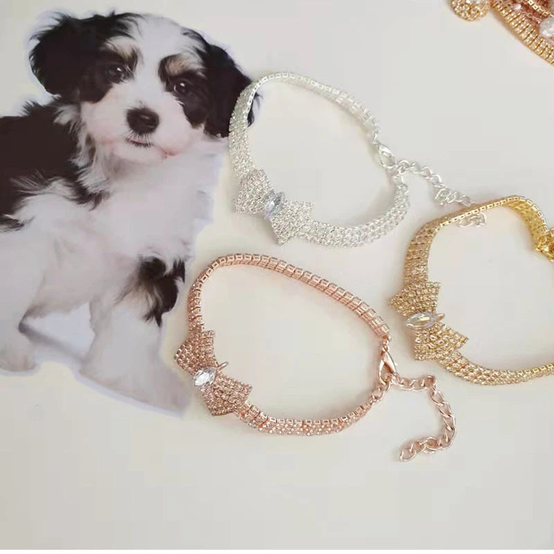 Pajarita de circón para perro Chihuahua, Collar con botón de langosta de oro rosa para gato con caja de paquete, accesorios ajustables para mascotas para todas las estaciones