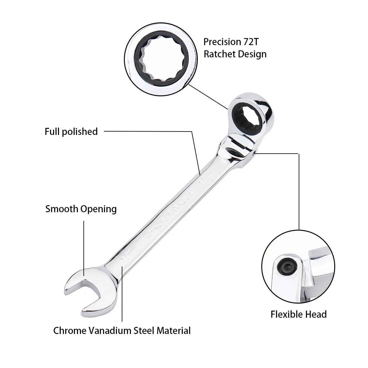Llave de trinquete de llaves, juego de llaves, herramienta manual, trinquete de 72 dientes, cabezal Flexible, acabado de espejo, 6mm-27mm, reparación de automóviles y hogares, 1 Uds.