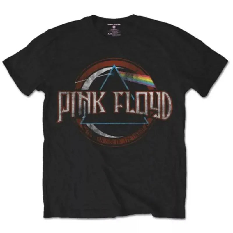 Camiseta holgada de Floyd Rock rosa para hombre, estilo americano Vintage, cuello redondo, manga corta, manga de pétalo de algodón, camiseta de banda decorada