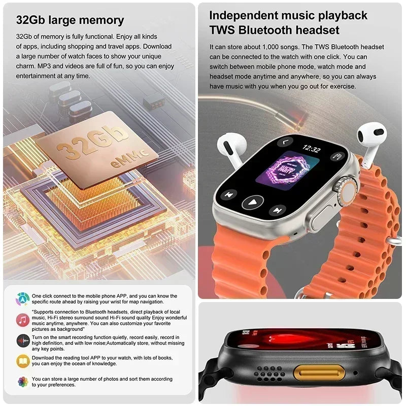 2025 nuevo reloj inteligente con memoria de 32GB para hombres y mujeres NFC Bluetooth llamada reproducción de música carga inalámbrica deporte Fitness SmartWatch