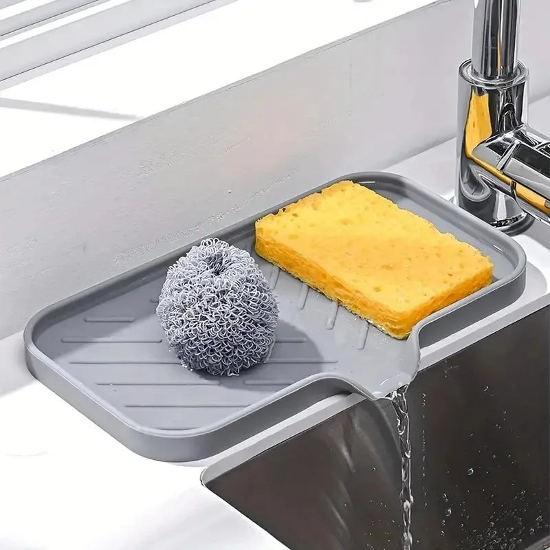 Bandeja de silicona para fregadero con drenaje, soporte de almacenamiento de esponja y jabón, fregadero de encimera, estante de almacenamiento de cepillos, organizador de cocina