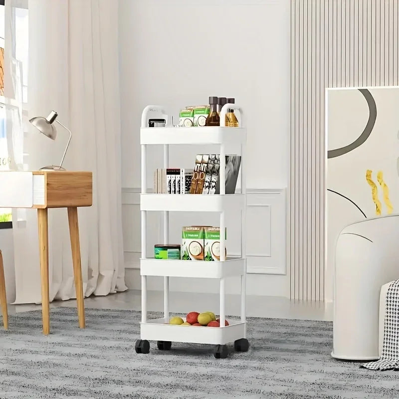 Carro de almacenamiento con ruedas blanco multifuncional: estantes abiertos para exhibición de libros de espacios habitables, Ideal para cocina, decoración de almacenamiento del dormitorio