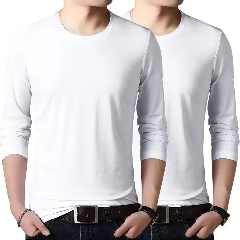 Camiseta de manga larga para hombre, corte holgado, Color sólido, blanco, primavera Otoño, estilo japonés, cuello redondo, capa Base