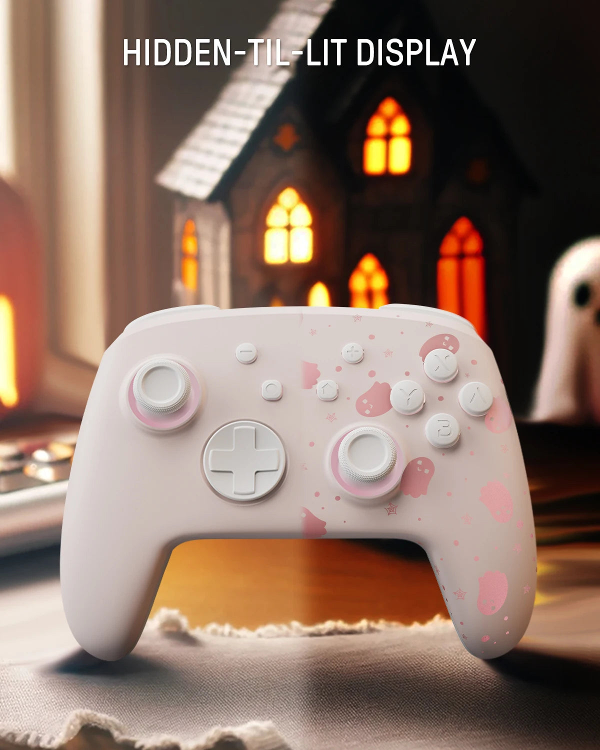 FUNLAB para Halloween-controlector Pro de efecto Hall con patrón luminoso fantasma para Nintendo Switch 2/PC/OLED/Lite/Paddle/Turbo/RGB-Rosa