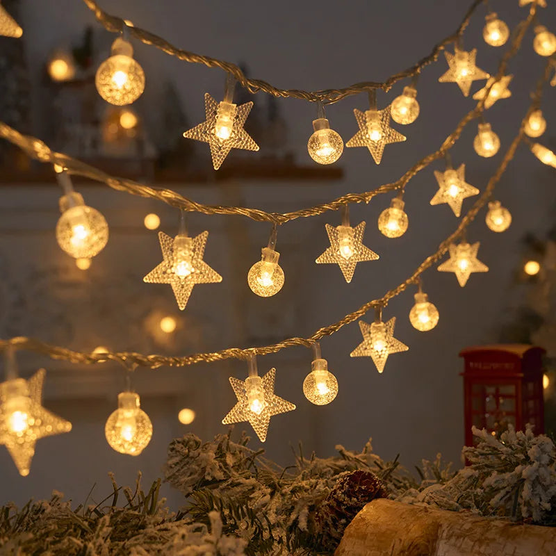 Luces navideñas de 1,5/3M, guirnalda de luces con forma de copo de nieve, luces de hadas, bola de estrella impermeable, lámpara LED para decoración del jardín del árbol de Navidad del hogar
