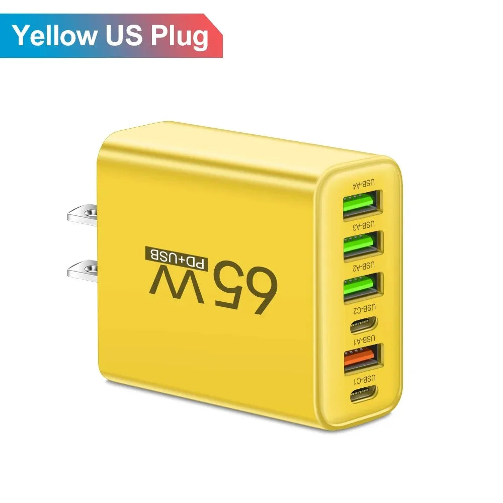 Cargador USB multipuerto de 65W, adaptador de cargador de teléfono tipo C de carga rápida para iPhone, Samsung, Xiaomi, Huawei, cargador de pared con enchufe UE/EE. UU.
