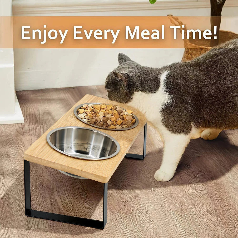 Cuencos elevados para gatos 15 °   Cuencos de comida para gatos elevados inclinados con soporte de madera, 2 cuencos de acero inoxidable antivómitos para gatos y cachorros