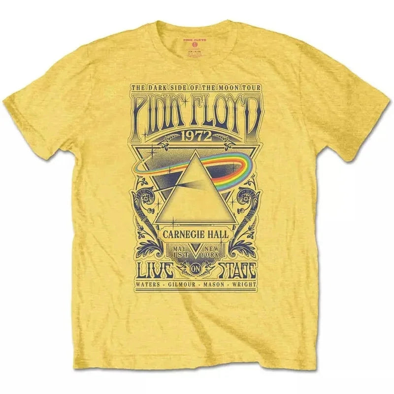 Camiseta holgada de Floyd Rock rosa para hombre, estilo americano Vintage, cuello redondo, manga corta, manga de pétalo de algodón, camiseta de banda decorada
