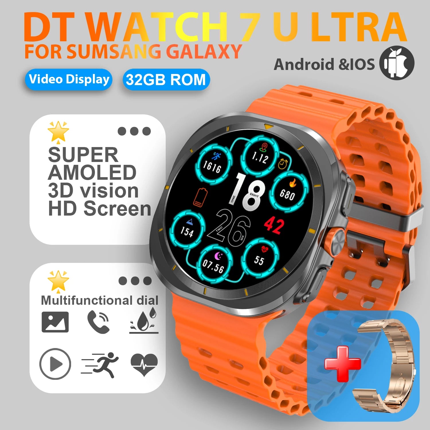 2025 nuevo reloj 7 Ultra reloj inteligente para hombres 32GB de memoria pantalla de vídeo 3D reloj inteligente deportivo GPS NFC brújula oxígeno en sangre Smartwatch