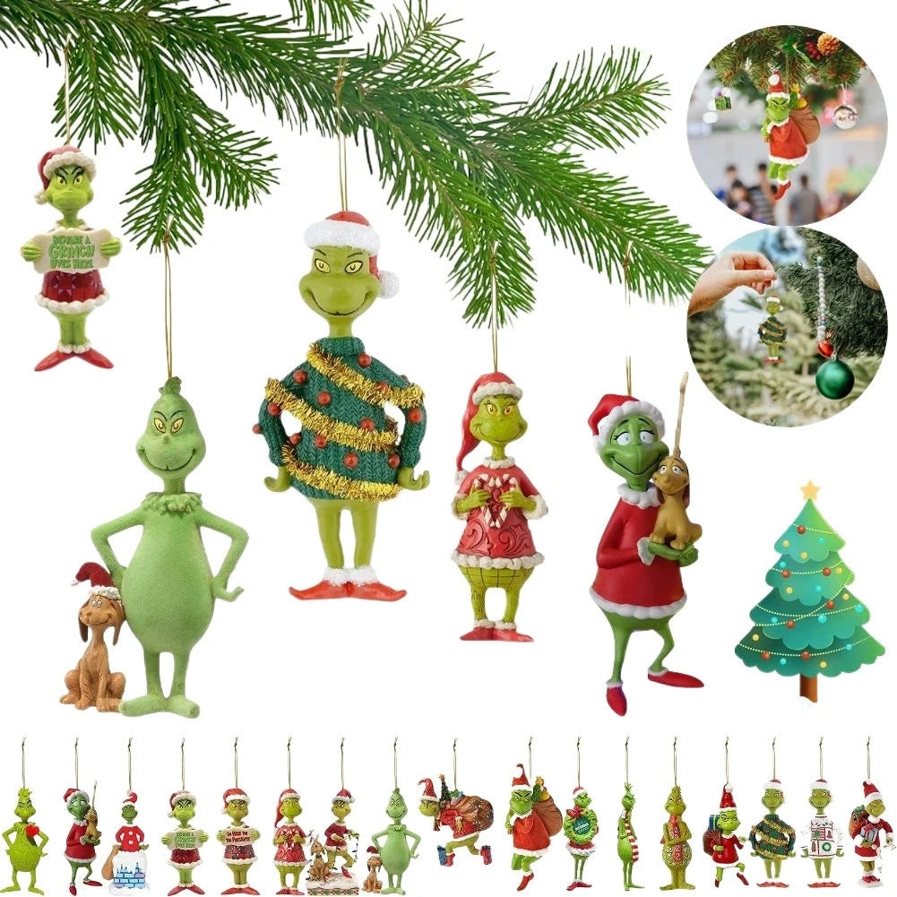 18 Uds. De adornos acrílicos 2D para árbol de Navidad, monstruos verdes, lindos colgantes para árbol de Navidad, adornos navideños de dibujos animados