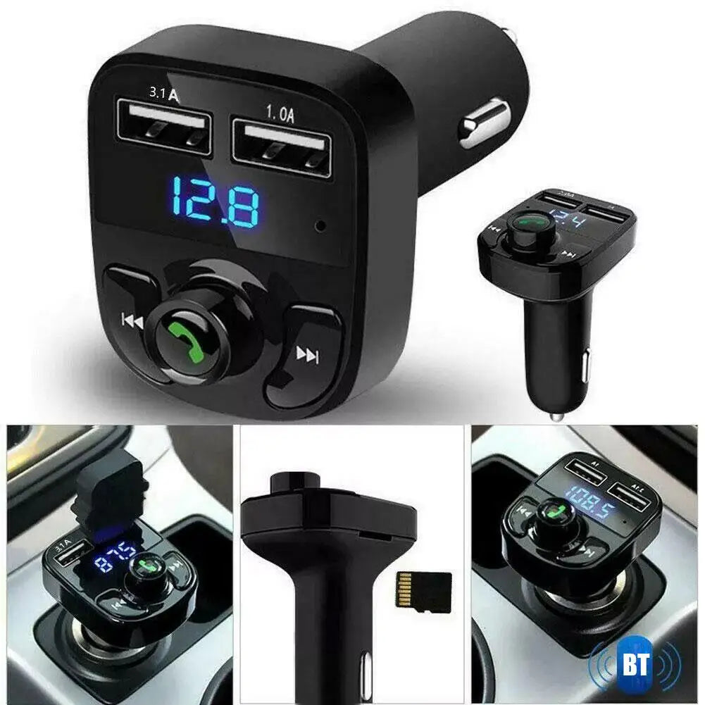 Transmisor FM inalámbrico con Bluetooth y reproductor de MP3, receptor de Radio con llamadas manos libres, Cargador USB Dual y adaptador estéreo de música