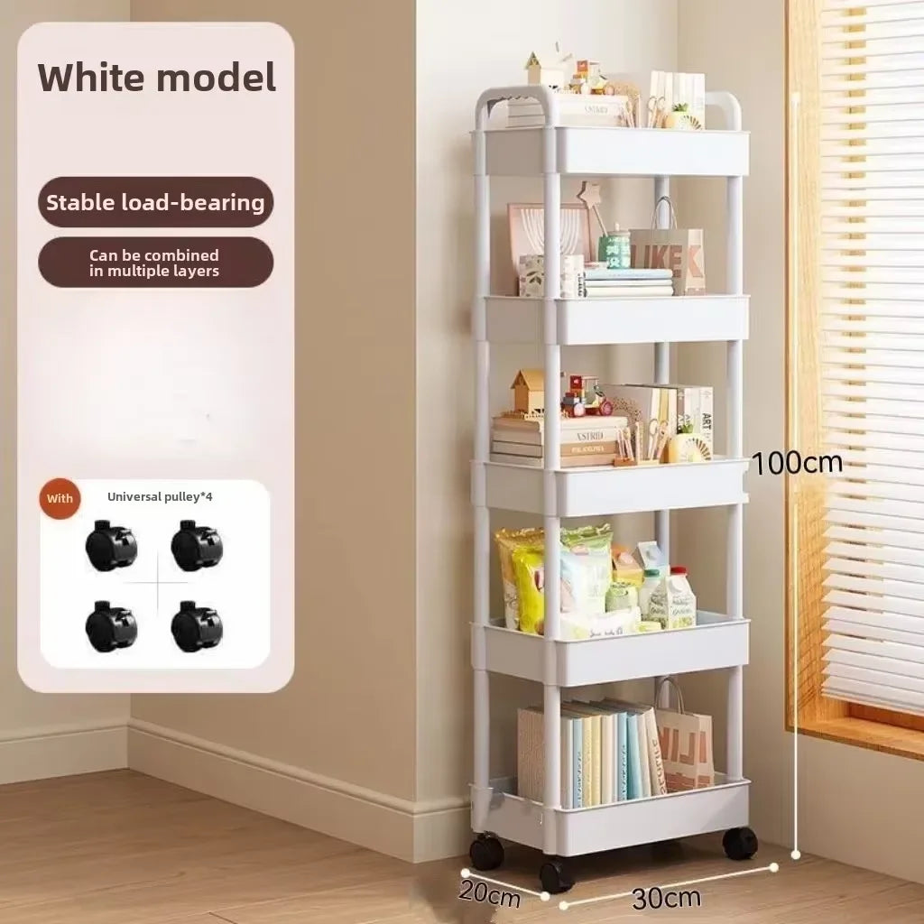 Carro de almacenamiento con ruedas blanco multifuncional: estantes abiertos para exhibición de libros de espacios habitables, Ideal para cocina, decoración de almacenamiento del dormitorio