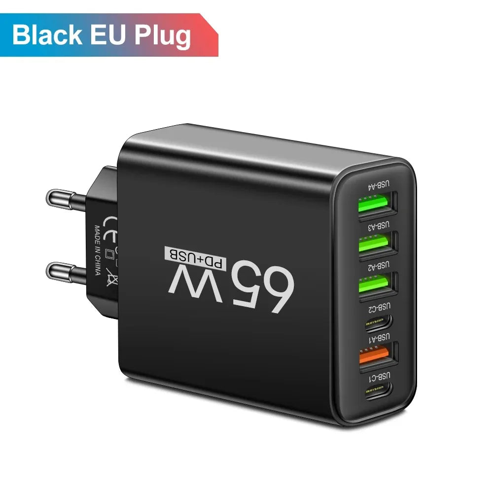 Cargador USB multipuerto de 65W, adaptador de cargador de teléfono tipo C de carga rápida para iPhone, Samsung, Xiaomi, Huawei, cargador de pared con enchufe UE/EE. UU.