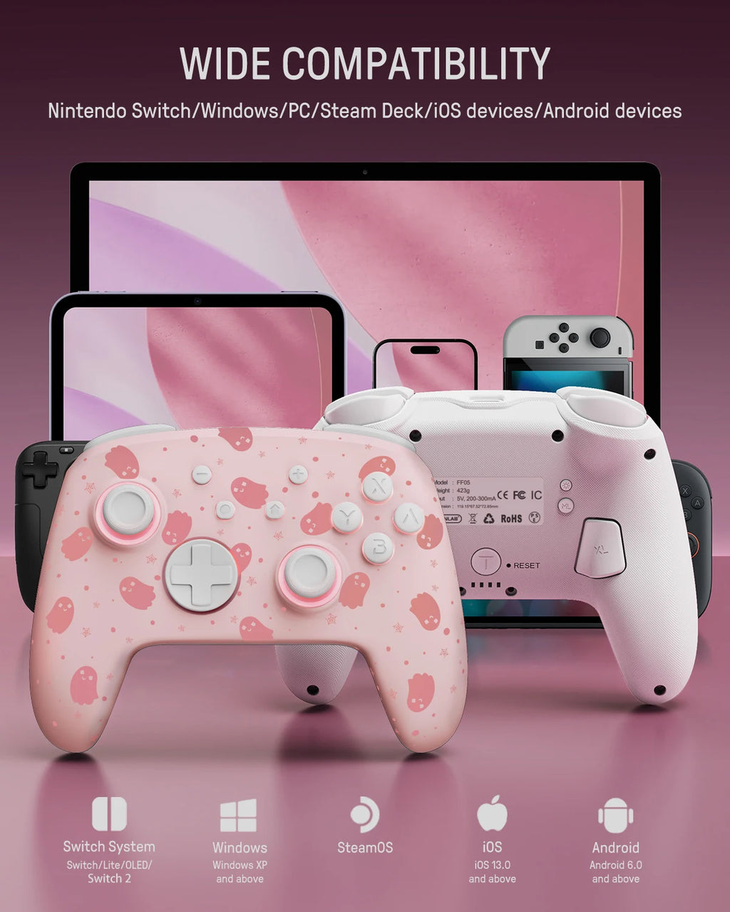 FUNLAB para Halloween-controlector Pro de efecto Hall con patrón luminoso fantasma para Nintendo Switch 2/PC/OLED/Lite/Paddle/Turbo/RGB-Rosa