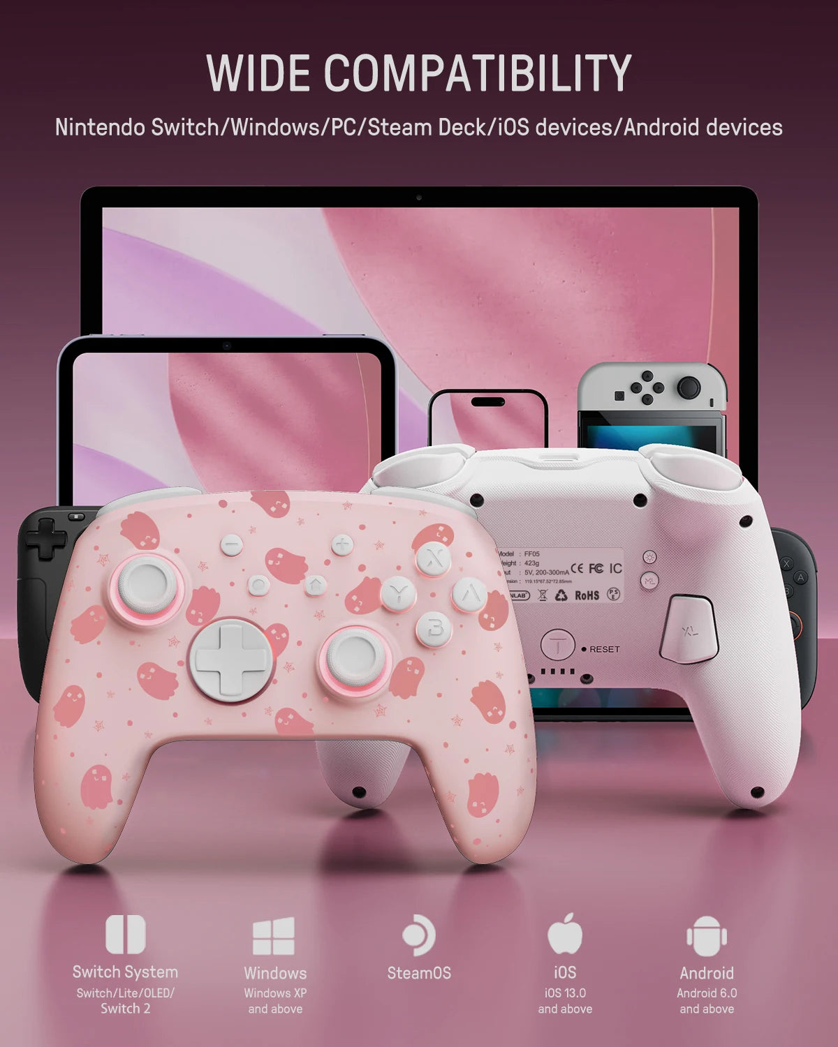 FUNLAB para Halloween-controlector Pro de efecto Hall con patrón luminoso fantasma para Nintendo Switch 2/PC/OLED/Lite/Paddle/Turbo/RGB-Rosa