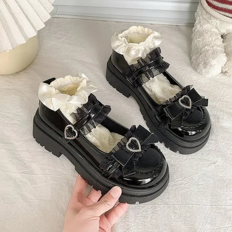 Primavera 2025 Nudo de mariposa encaje dulce lindo Lolita tacón grueso Mary Jane zapatos individuales mujeres PU cuero punta redonda tacón medio