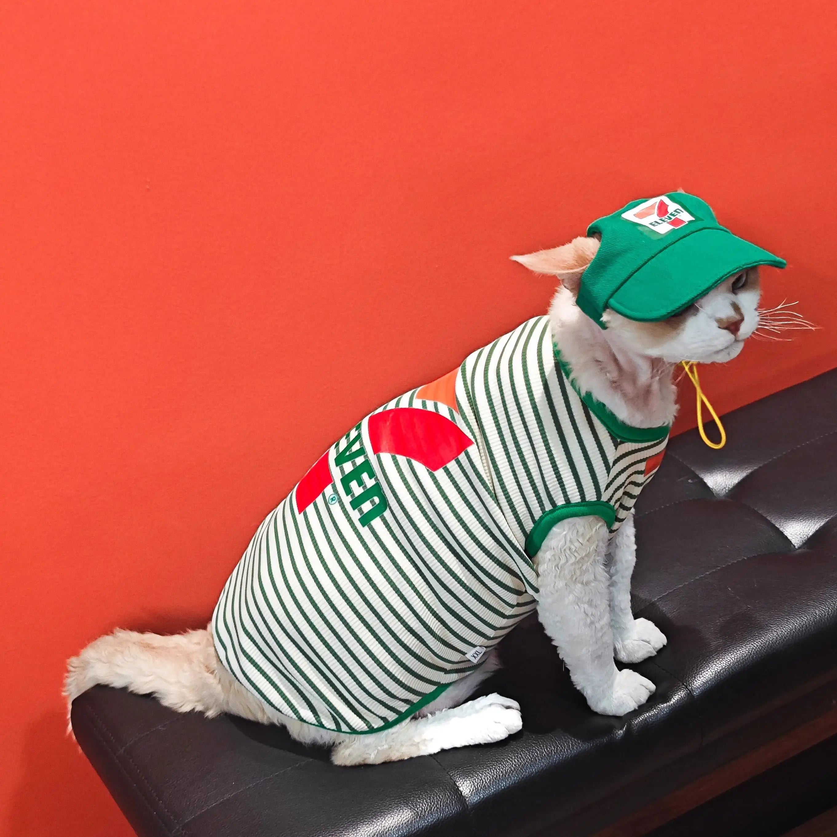 Chaleco sin mangas para gatos de verano, conjunto de gorros, traje sin pelo para gatos Devon con aire acondicionado, ropa para mascotas con estampado grande de 7 letras, adecuado