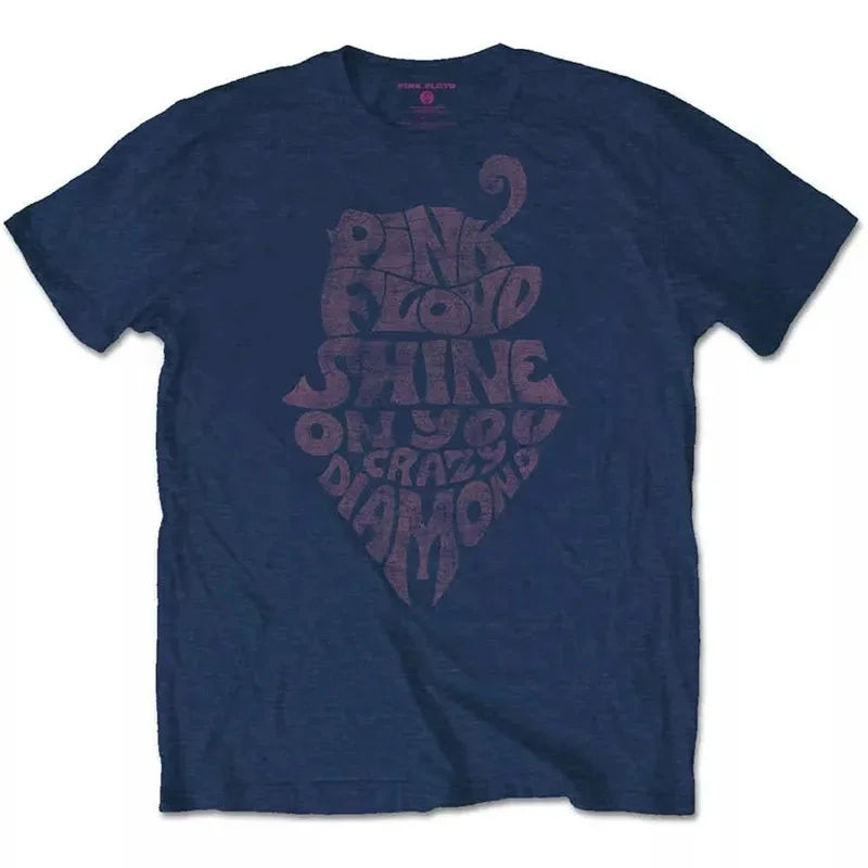 Camiseta holgada de Floyd Rock rosa para hombre, estilo americano Vintage, cuello redondo, manga corta, manga de pétalo de algodón, camiseta de banda decorada