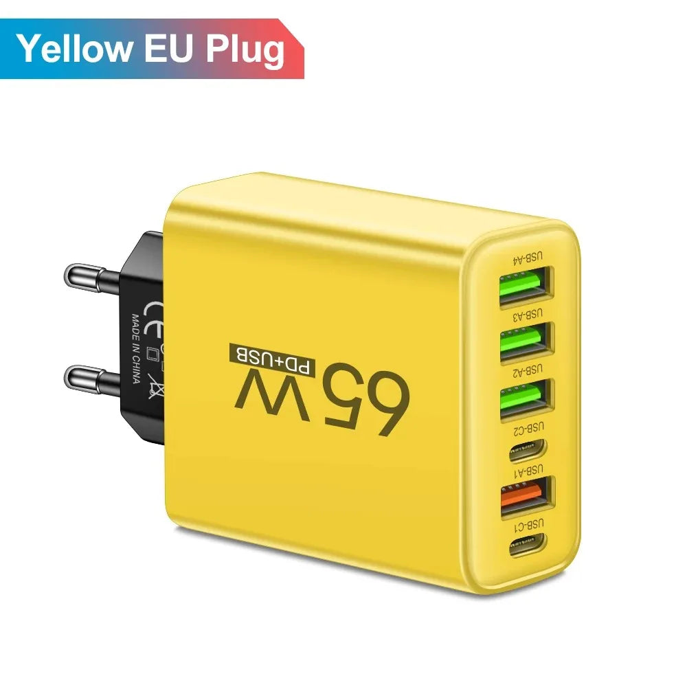 Cargador USB multipuerto de 65W, adaptador de cargador de teléfono tipo C de carga rápida para iPhone, Samsung, Xiaomi, Huawei, cargador de pared con enchufe UE/EE. UU.