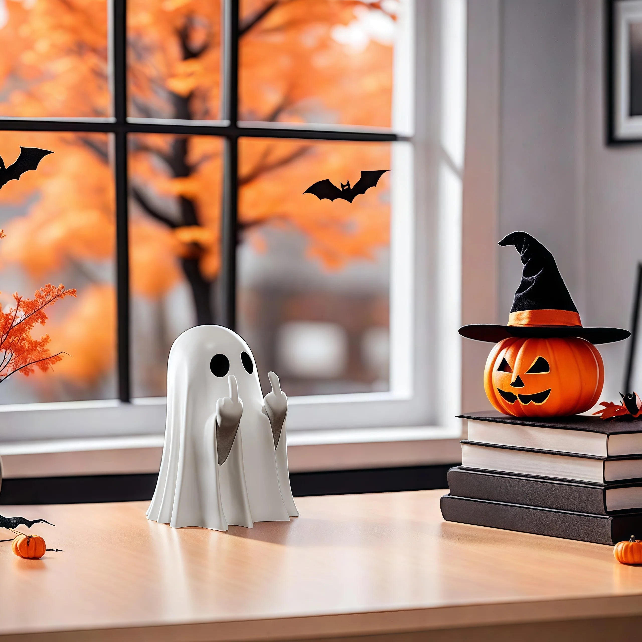 Estatua de fantasma linda del dedo medio, fantasmas pequeñas figuras de fantasmas aterradoras, decoraciones para el hogar de Halloween, estante de centros de mesa de centro