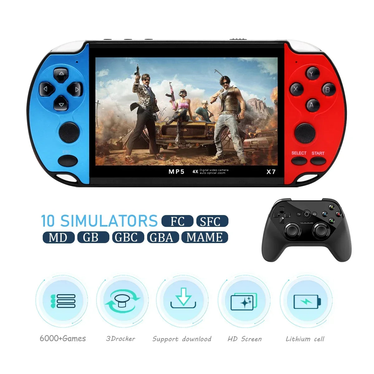 GAMINJA-consola de juegos portátil X7, 4,3 pulgadas, pantalla IPS, reproductor de videojuegos HD, 10000 juegos integrados para GBA, GBC, NES, GBC
