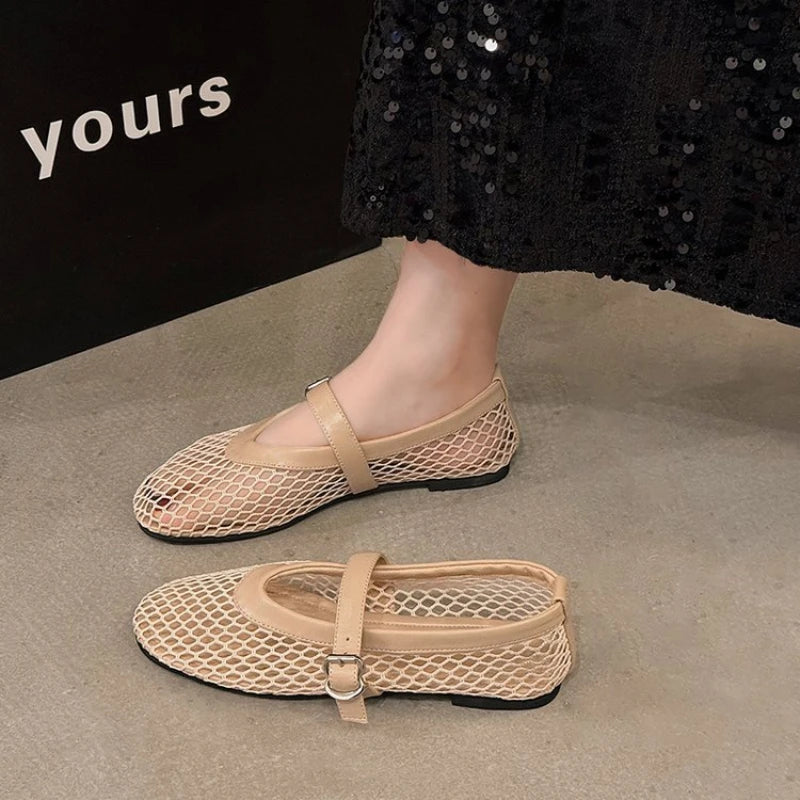 Zapatos planos de Ballet de rejilla para mujer, diseño elegante de marca, Zapatos Mary Jane de encaje calados, sandalias de verano para mujer, Zapatos de malla transpirable