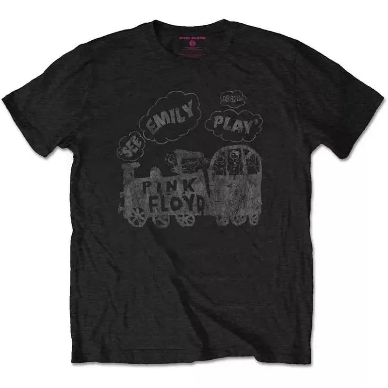 Camiseta holgada de Floyd Rock rosa para hombre, estilo americano Vintage, cuello redondo, manga corta, manga de pétalo de algodón, camiseta de banda decorada
