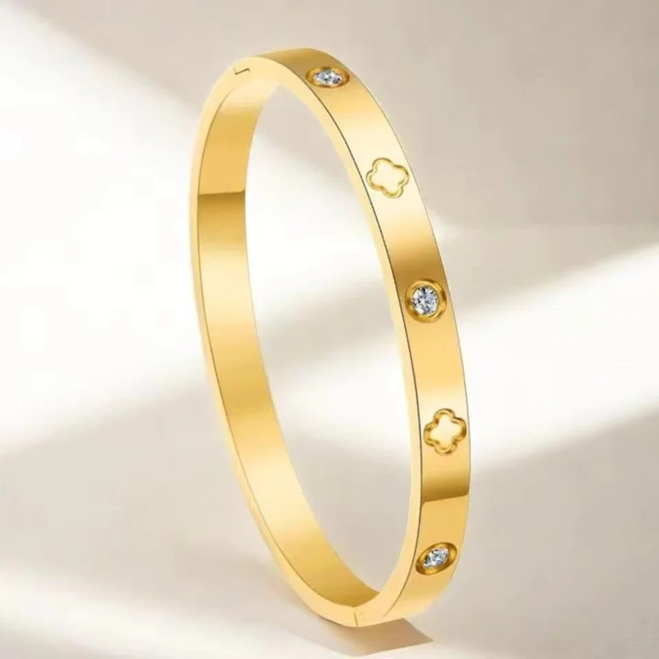 Pulseras de circón brillantes a la moda para mujer, pulseras de amor con estampado de trébol, brazaletes de acero inoxidable, regalo de joyería femenina