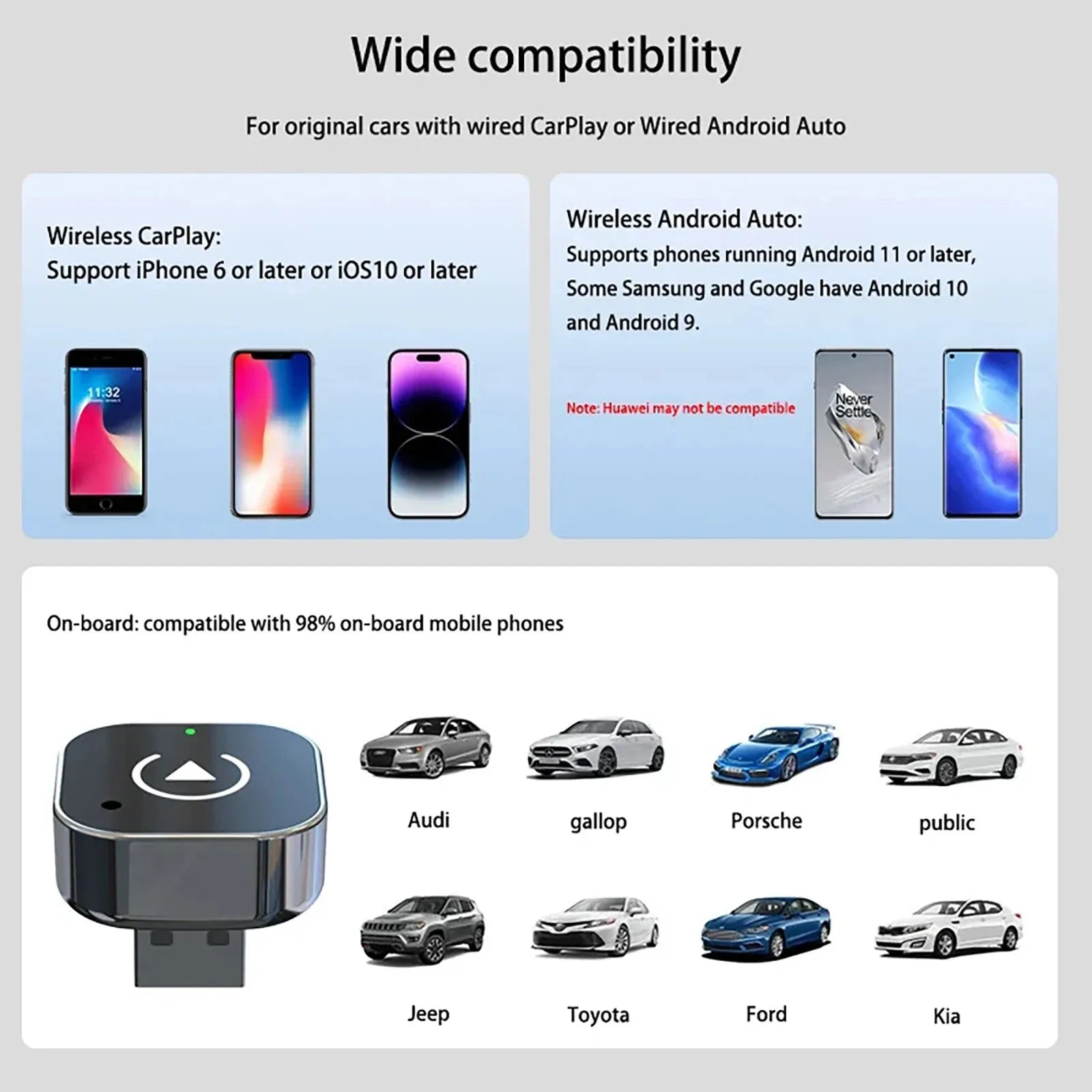 Pionray Smart Box – Adaptador inalámbrico CarPlay y Android Auto para todos los coches – Plug & Play, compatibilidad universal