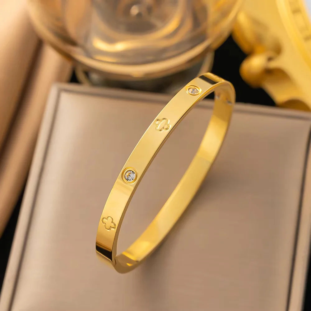 Pulseras de circón brillantes a la moda para mujer, pulseras de amor con estampado de trébol, brazaletes de acero inoxidable, regalo de joyería femenina