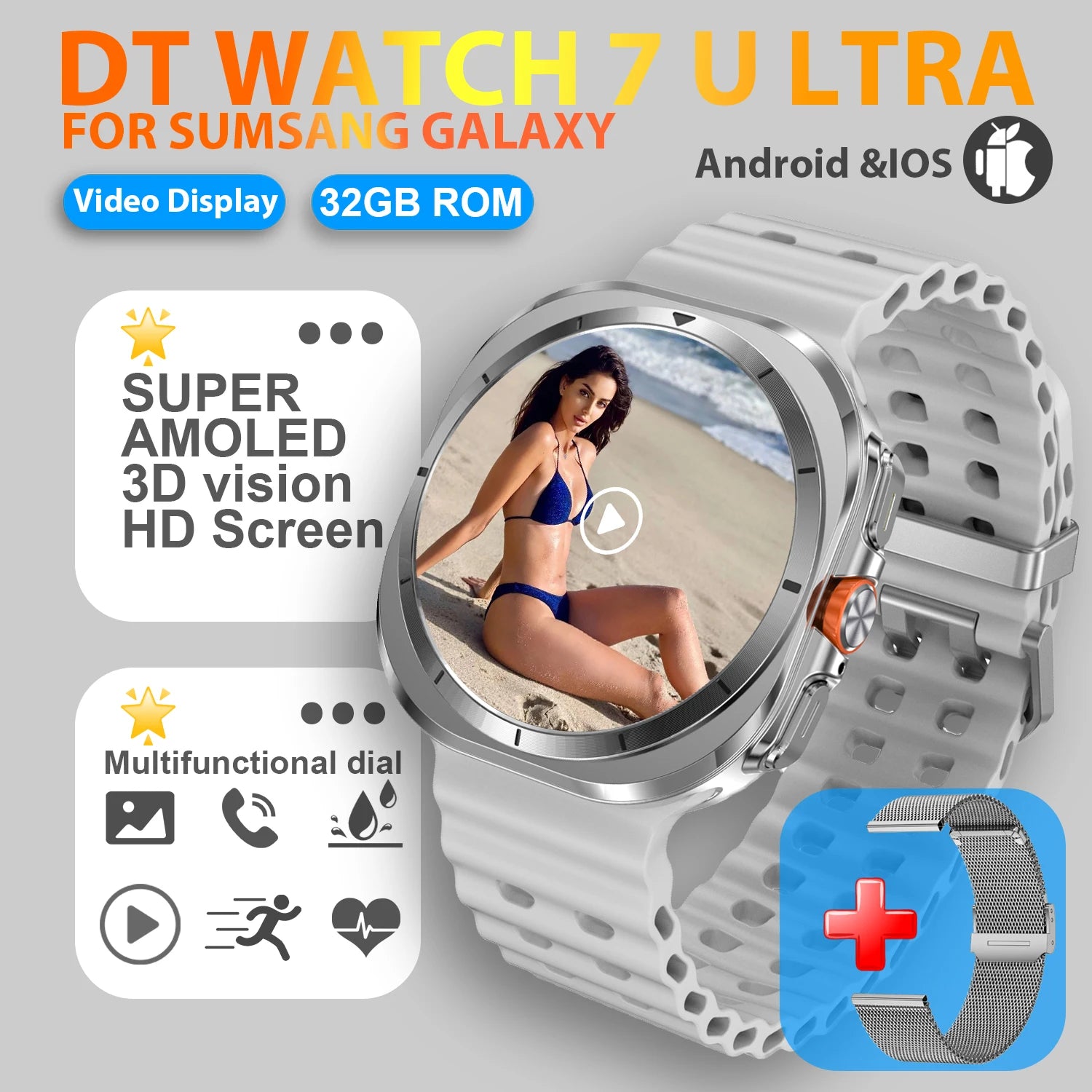 2025 nuevo reloj 7 Ultra reloj inteligente para hombres 32GB de memoria pantalla de vídeo 3D reloj inteligente deportivo GPS NFC brújula oxígeno en sangre Smartwatch