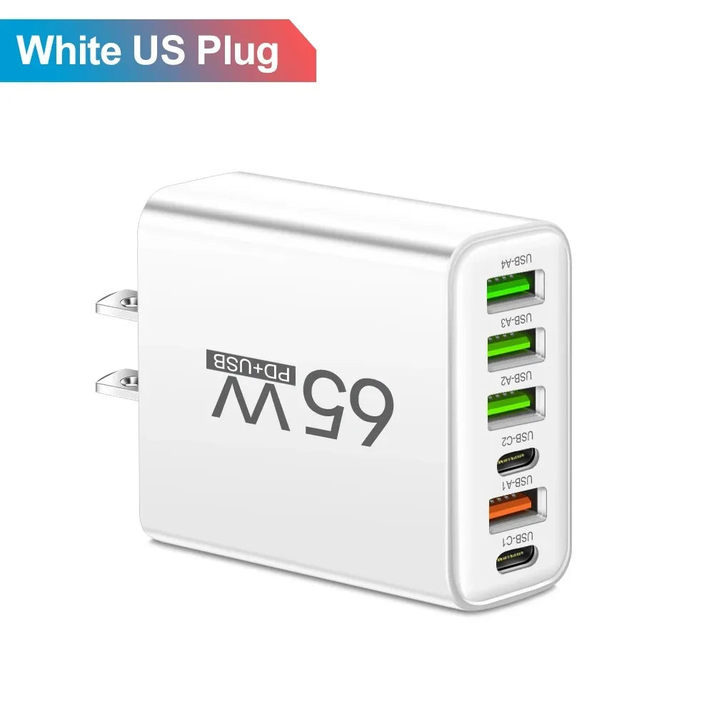 Cargador USB multipuerto de 65W, adaptador de cargador de teléfono tipo C de carga rápida para iPhone, Samsung, Xiaomi, Huawei, cargador de pared con enchufe UE/EE. UU.