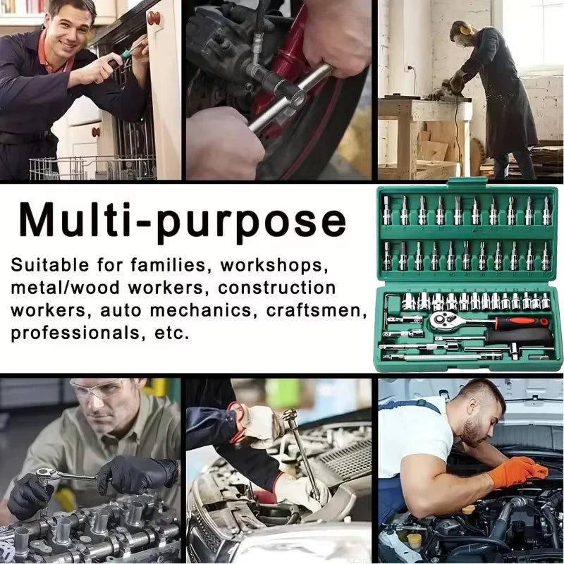 Juego de llaves de trinquete de 1/4 pulgadas con enchufes, juego de llaves hexagonales métricas, kits de herramientas mecánicas para reparación de automóviles, 46 unidades