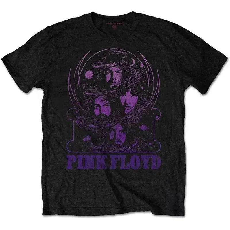 Camiseta holgada de Floyd Rock rosa para hombre, estilo americano Vintage, cuello redondo, manga corta, manga de pétalo de algodón, camiseta de banda decorada