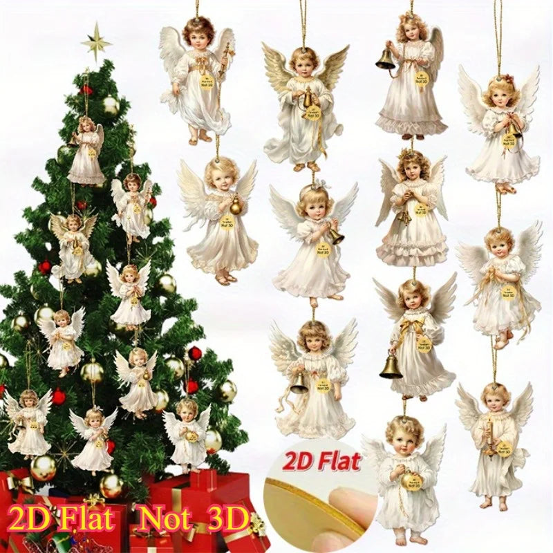 12 Uds. Colgantes de madera de Ángel navideño Vintage, adornos colgantes de madera Artificial, perfectos para decoración navideña del hogar y al aire libre