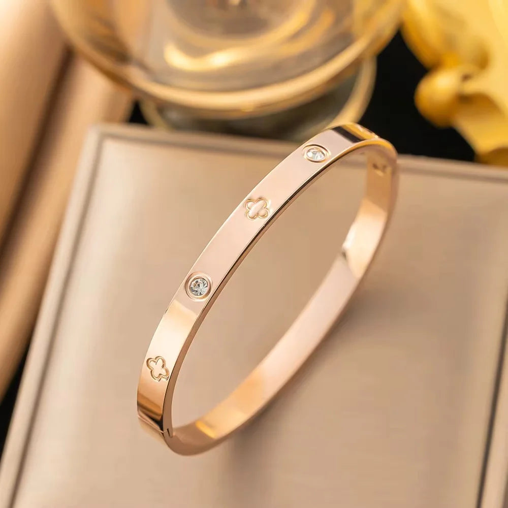 Pulseras de circón brillantes a la moda para mujer, pulseras de amor con estampado de trébol, brazaletes de acero inoxidable, regalo de joyería femenina