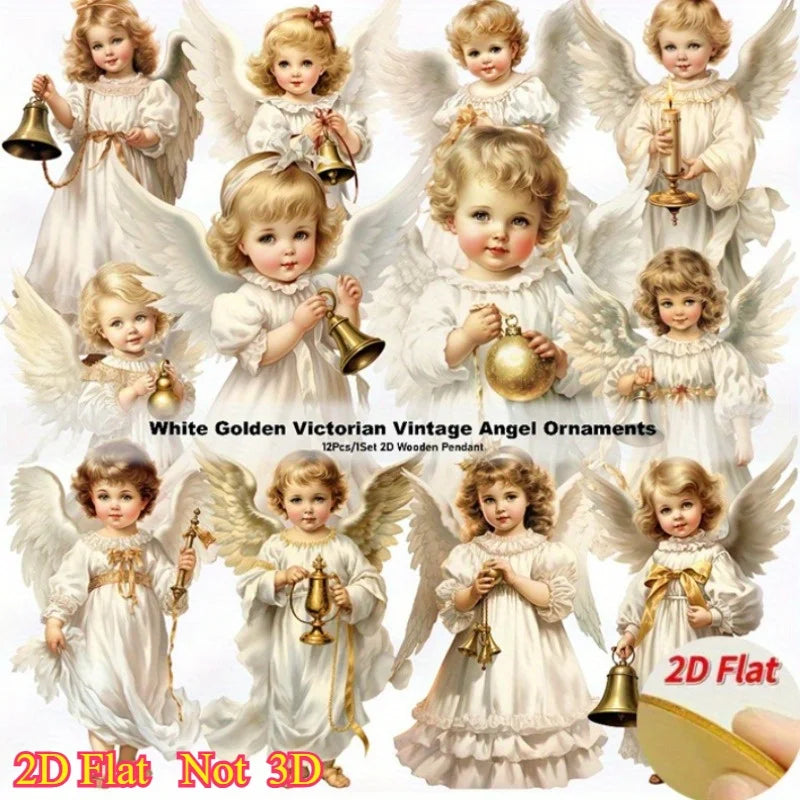 12 Uds. Colgantes de madera de Ángel navideño Vintage, adornos colgantes de madera Artificial, perfectos para decoración navideña del hogar y al aire libre