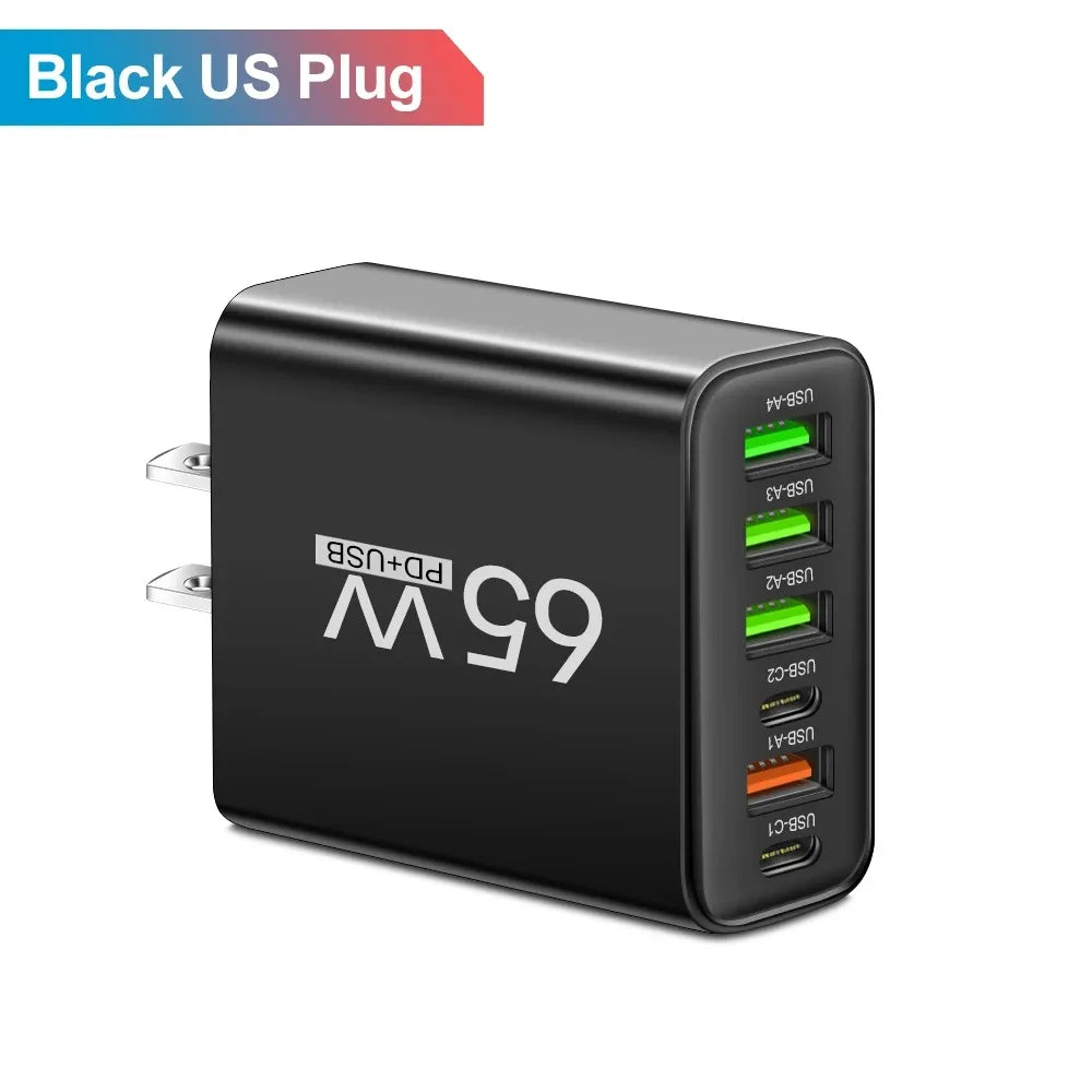 Cargador USB multipuerto de 65W, adaptador de cargador de teléfono tipo C de carga rápida para iPhone, Samsung, Xiaomi, Huawei, cargador de pared con enchufe UE/EE. UU.