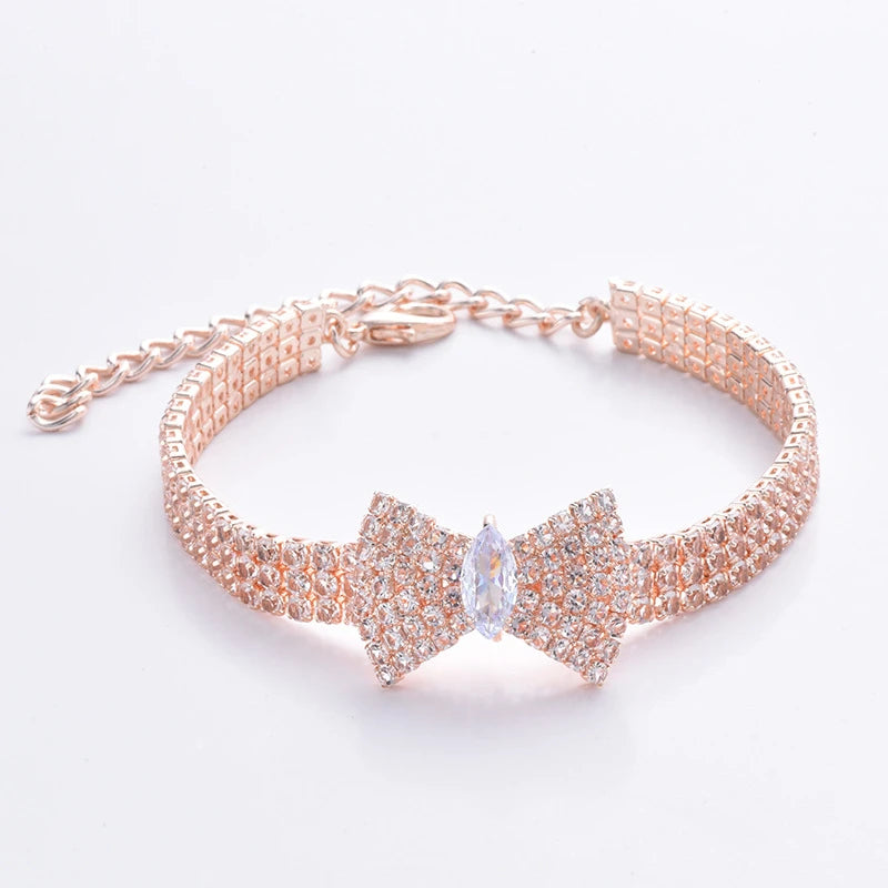 Pajarita de circón para perro Chihuahua, Collar con botón de langosta de oro rosa para gato con caja de paquete, accesorios ajustables para mascotas para todas las estaciones