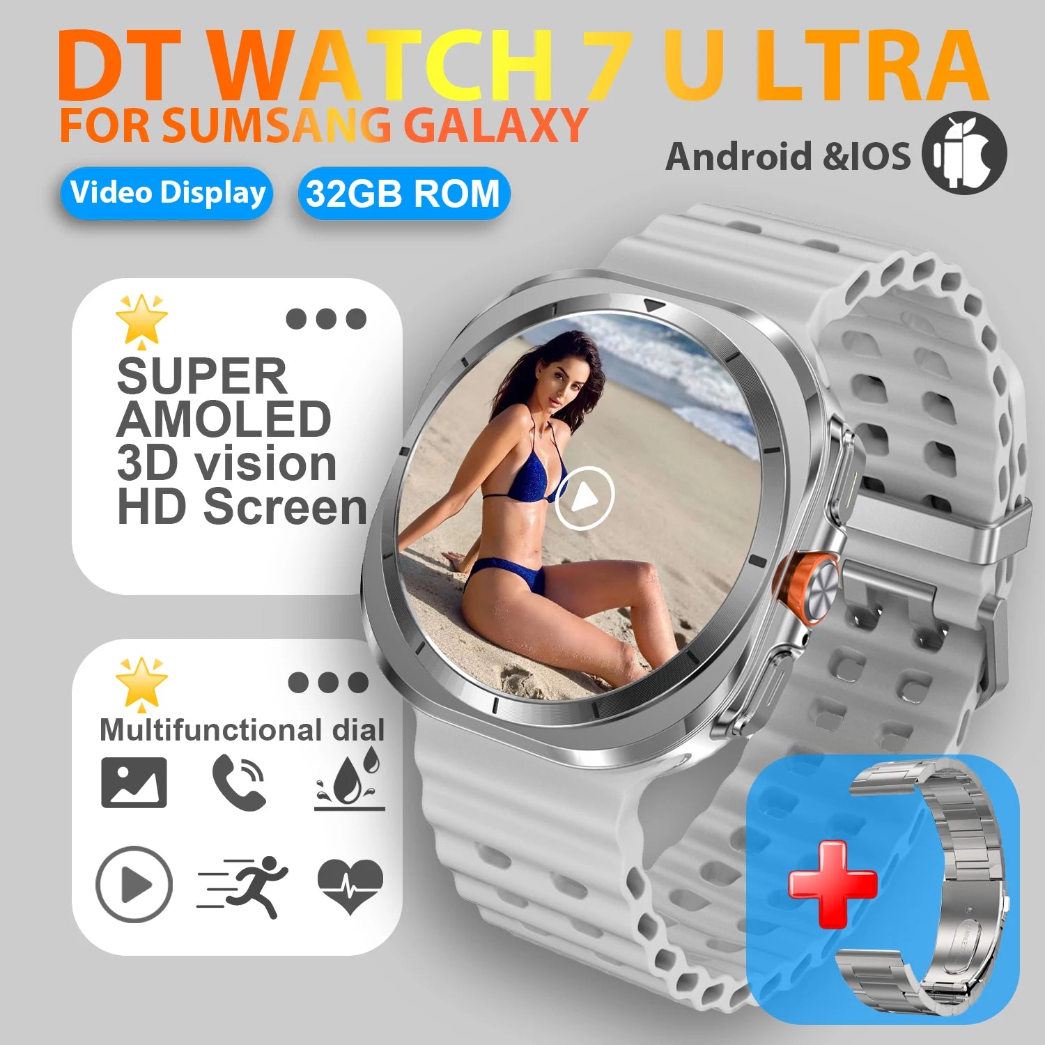 2025 nuevo reloj 7 Ultra reloj inteligente para hombres 32GB de memoria pantalla de vídeo 3D reloj inteligente deportivo GPS NFC brújula oxígeno en sangre Smartwatch