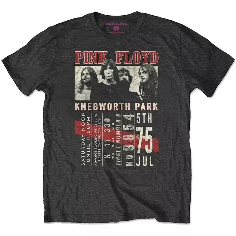 Camiseta holgada de Floyd Rock rosa para hombre, estilo americano Vintage, cuello redondo, manga corta, manga de pétalo de algodón, camiseta de banda decorada