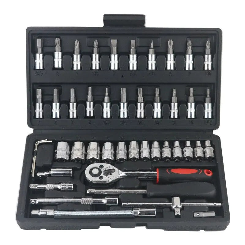 Kit de herramientas de reparación de automóviles, juego de enchufes de 1/4 pulgadas, herramienta de reparación de automóviles, llave dinamométrica de trinquete, Combo, juego de reparación automática, herramienta mecánica, 46 Uds.